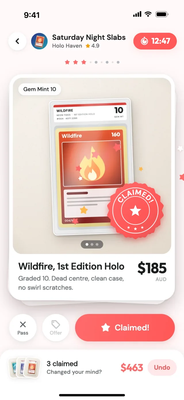The Claim Sale app: a piece stamped Claimed!, with the claims so far in the tray