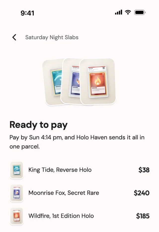 The Claim Sale app: one order of three pieces, ready to pay